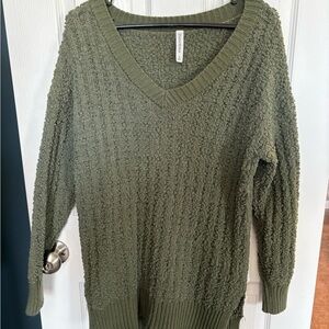 Zenana Outfitters Olive V-Neck Textured Knit Sweater